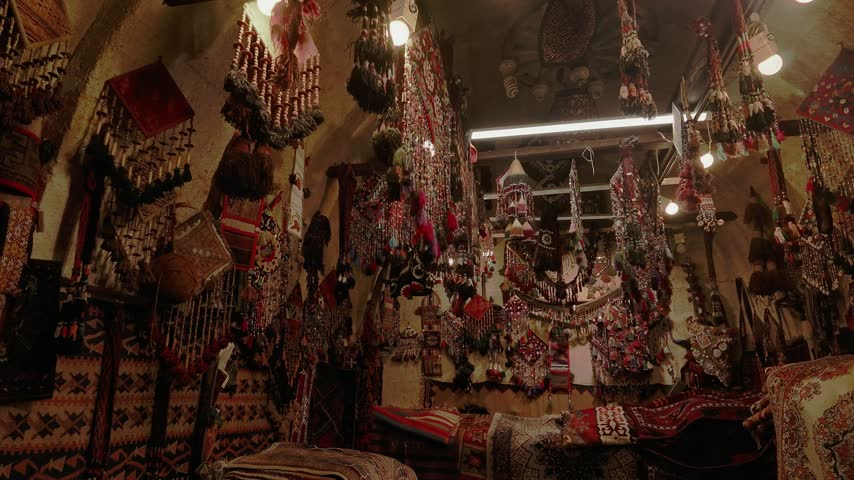 Interior capturing a vibrant display of handcrafted Persian carpets, woven kilims, and traditional Turkish ceramic decor inside a local artisan shop