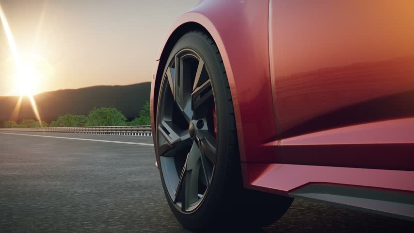 3D render, illustration animation of a red car wheel and side body moving along an asphalt highway in warm sunset light, with guardrails and trees in the background.