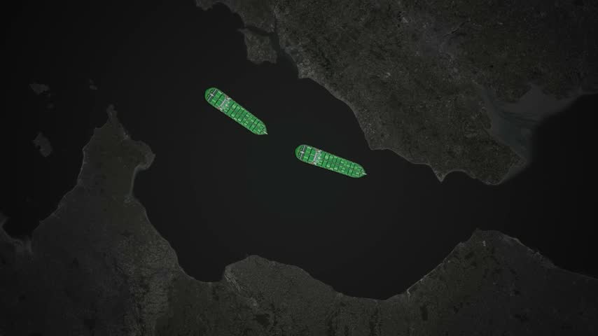 Animated ships floating across the English Channel between the UK and France, with a teal sea and white coastlines on a dark map.