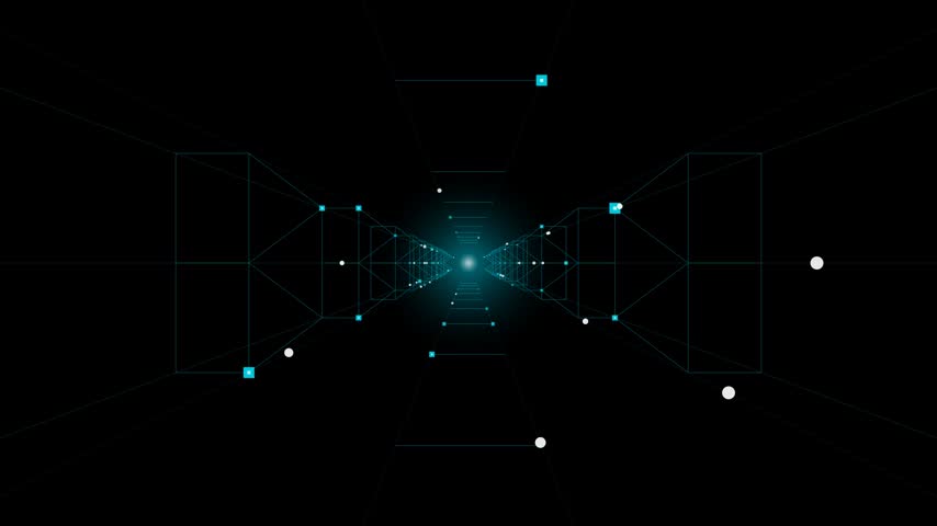 Forward motion through a dark futuristic tunnel framed by glowing cyan HUD telemetry graphics, circuit lines, and tracking markers.