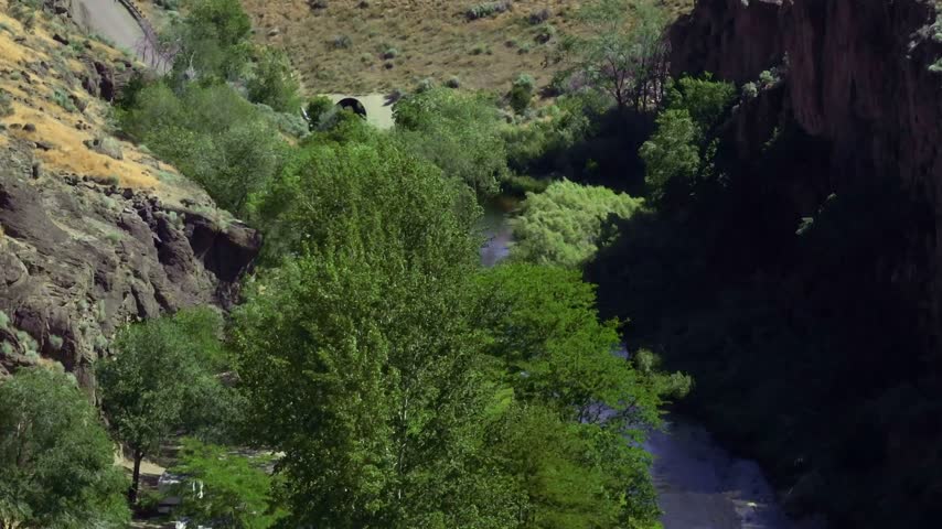 Canyon gorge reveals dramatic geological cliffs and lush valley vegetation captured from an elevated perspective