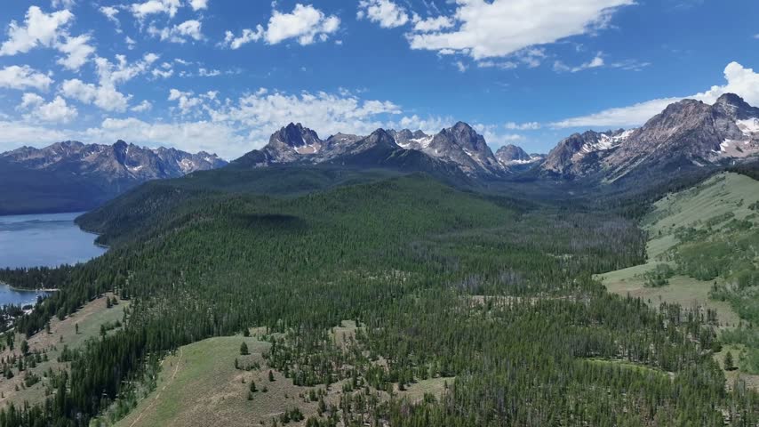 Stanley Idaho wilderness captured from above showing dense evergreen forests and rugged alpine mountain peaks stretching to the horizon under a sunny sky