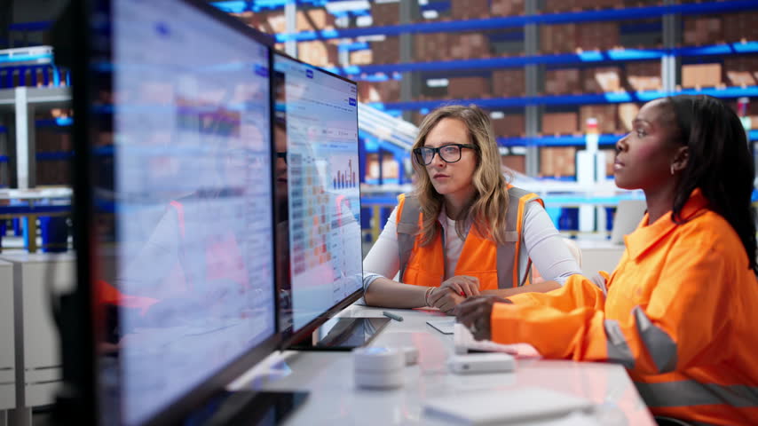 Customs Broker And Assistant Review Shipment Documents Using Computer Software.