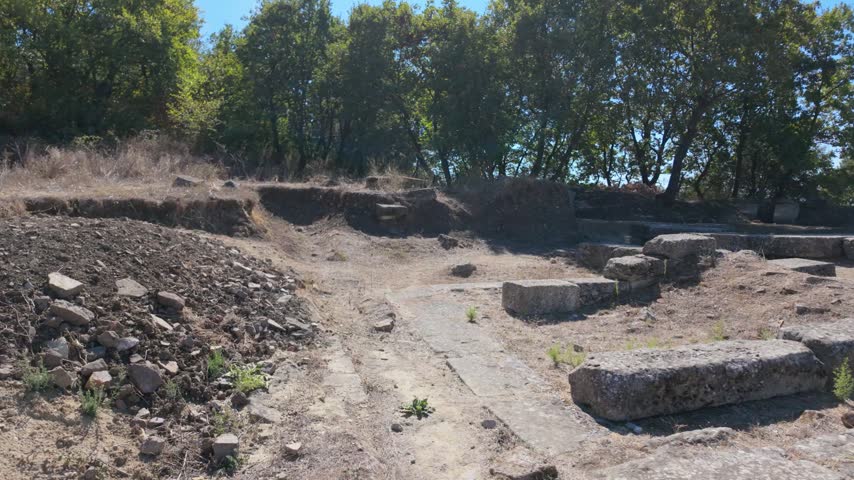 Pan shot of roman ruins and stone foundations