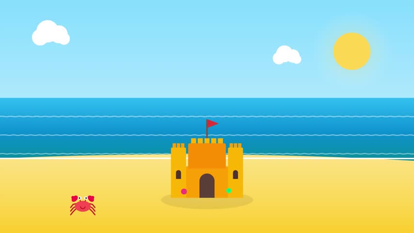 A charming animated flat vector illustration of a sunny beach featuring a sandcastle, a cute crab, and colorful summer vacation elements.