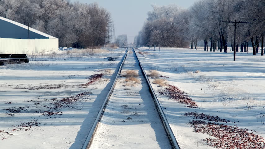 A set of railroad tracks stretches into the distance through a snow-covered landscape flanked by frost-dusted trees.