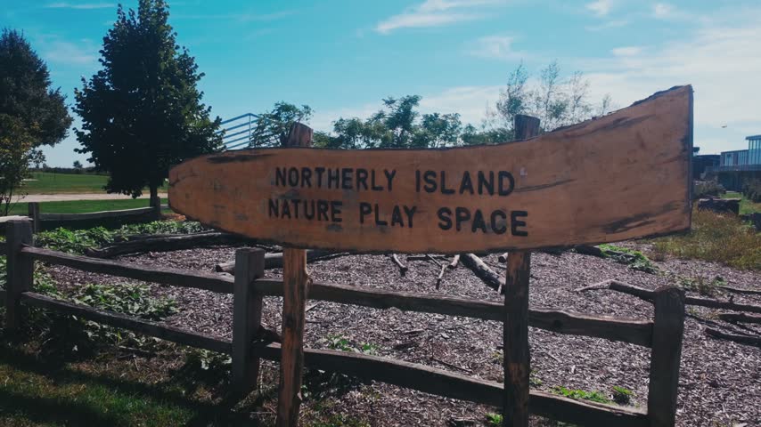 The Wooden sign of the Northerly Island Nature Play Place in Chicago, IL.