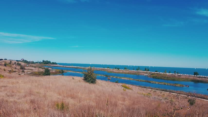 Northerly Island in Chicago with a view of Lake Michigan.