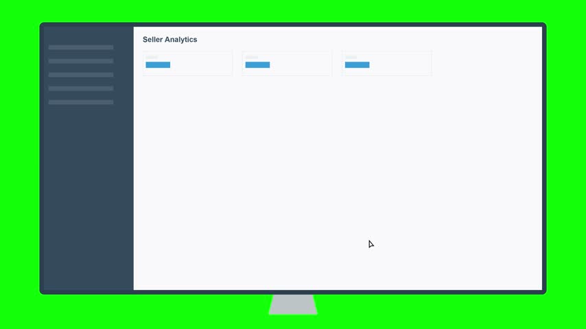 A computer monitor displaying a seller dashboard interface where a user successfully logs in and views analytics charts, isolated on a green screen background.