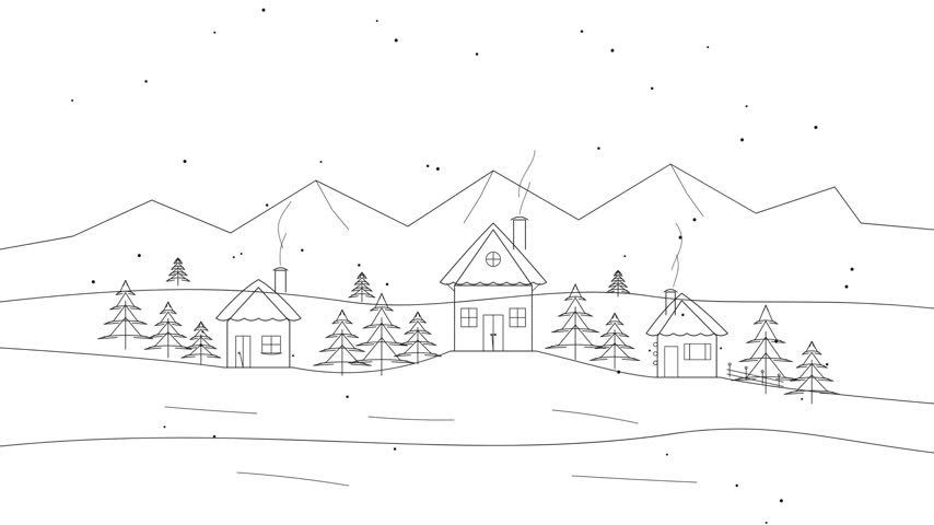 Snow cartoon mountain village line art with falling snowflakes