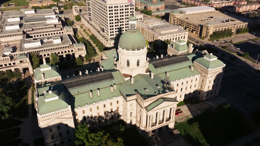 Aerial View Above Indiana Statehouse. Scenic Sunrise