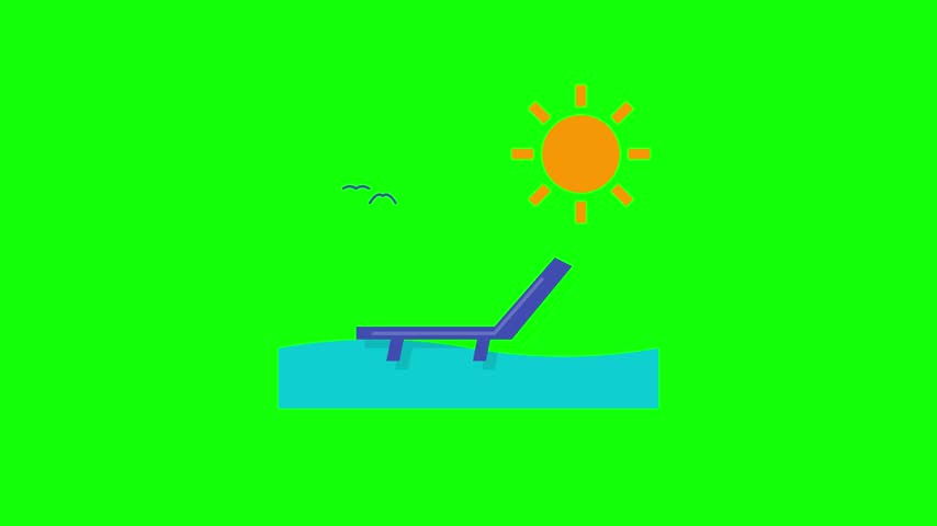 Flat vector illustration of a summer vacation scene featuring a beach lounger, shining sun, and birds over blue waves. Isolated on a chroma key green screen for easy video editing and animation.