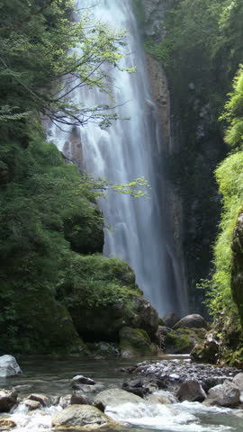 Tall Waterfall in Mossy Mountain Gorge Vertical Video