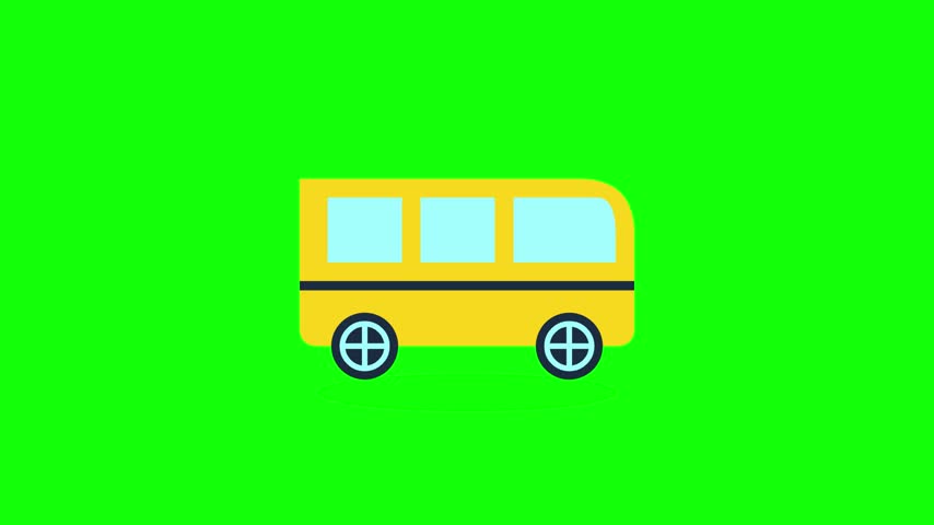 A flat vector illustration of a yellow bus icon, perfectly suited for animation and video production. This graphic features a clean, stylized design on a bright green screen background, making it ideal for chroma keying in educational or transportation-themed projects.