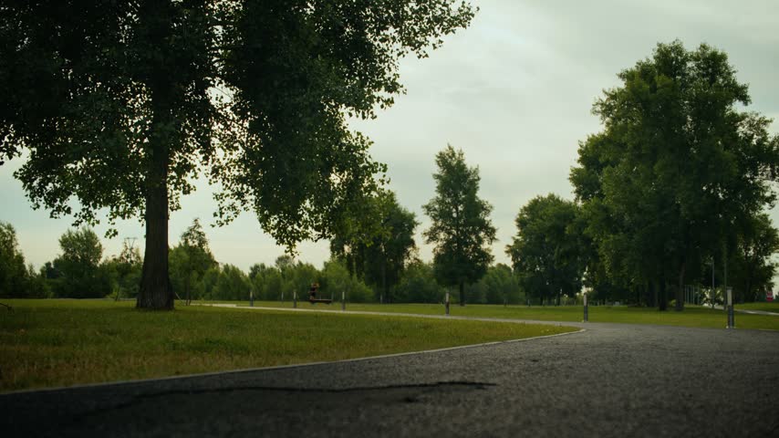 Quiet park path with distant walker beside bench under tall trees in soft overcast light on calm day