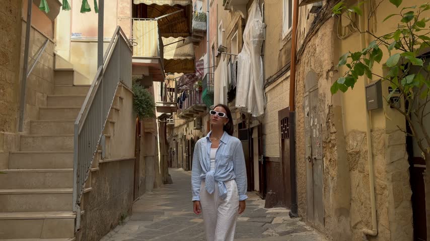 Woman tourist walking up a narrow alley with a stone staircase in Bari old town, Puglia, Italy, with ochre walls, hanging laundry and potted trees in terracotta pots