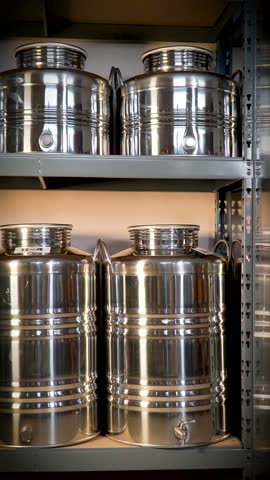 Stainless steel barrels are lined up on a metal shelf in a spirits distillery.