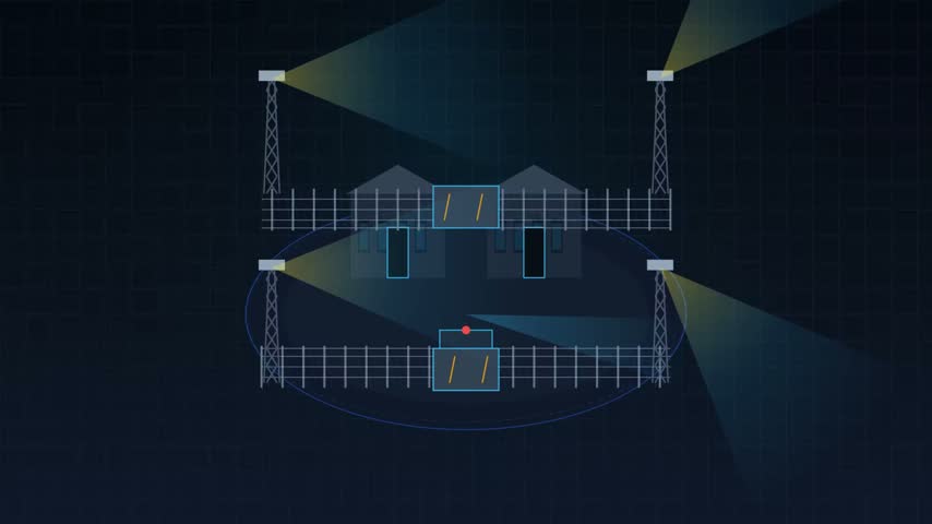Digital illustration of a high security fenced facility with light surveillance