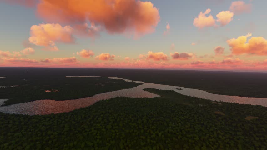 3D - Circular aerial shot at sunset of Lake Itasca and the Mississippi Headwaters. Minnesota. United States