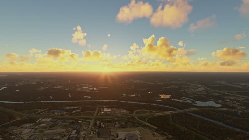 3D - Sunrise aerial view of Jackson city and the Pearl River. Mississippi. United States