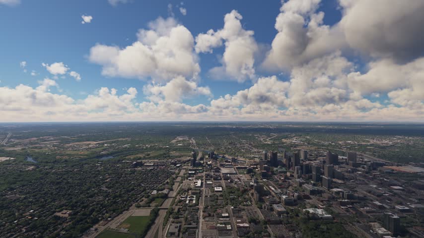 3D - Side aerial view of Columbus city and the Scioto River. Ohio. United States