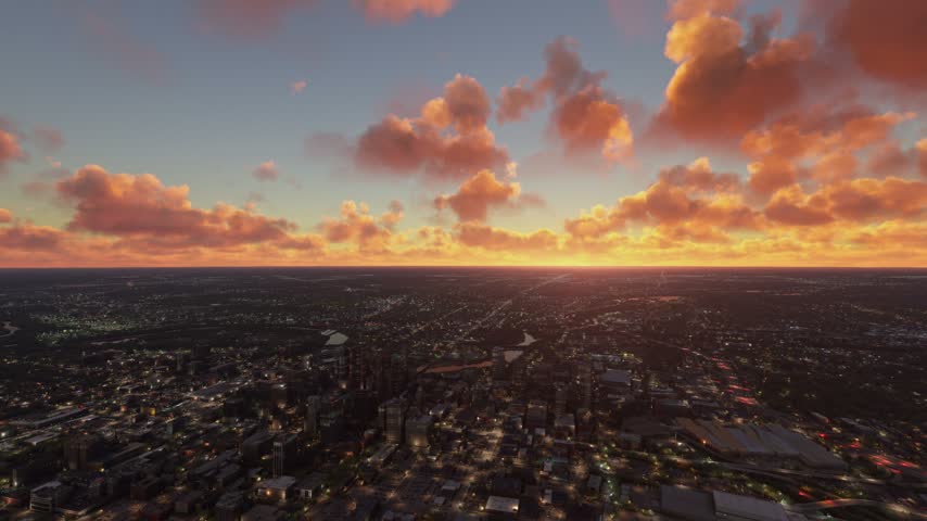3D - Circular aerial drone shot at sunset of Columbus city and the Scioto River. Ohio. United States