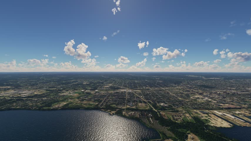 3D - Side aerial drone view of Erie city and Lake Erie. Pennsylvania. United States