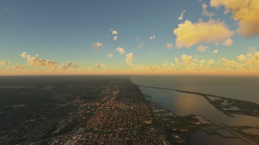 3D - Sunrise aerial shot of Erie city and Lake Erie. Pennsylvania. United States