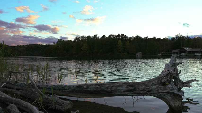 A long weathered log lies across a lakeside foreground beneath evening clouds at Green Lakes State Park in New York.