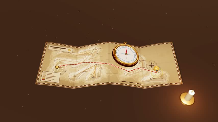 A vintage map with a compass and a lit candle representing navigation and exploration.