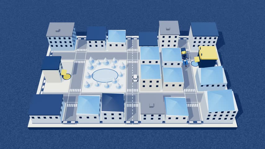 A stylized 3D isometric model of a miniature town featuring buildings roads and small cars.