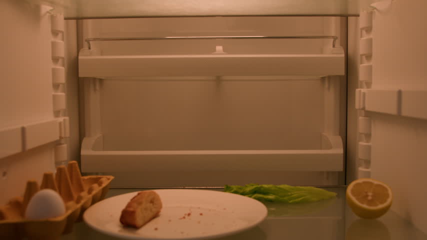 Smiling Caucasian confused man ordering food delivery laptop online shopping supermarket app POV inside empty refrigerator happy male guy buying groceries products courier service computer website