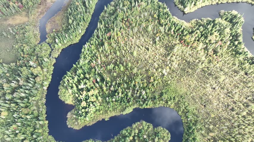 Scenic aerial drone views Oxtongue River Gateway Creek Algonquin Park Ontario Canada