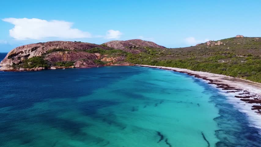 Aerial view of Lucky Bay with turquoise waters and rocky coastline in Cape Le Grand, Western Australia, Australia.