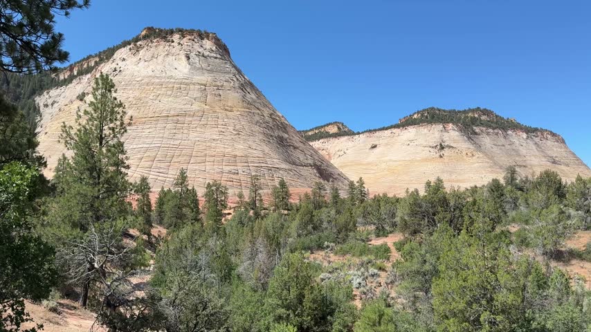 Zion National Park, Utah, USA – 10 August 2026: Scenic view of the Checkerboard Mesa, which is a famous cone-shaped mountain in Zion National Park. Panning left to right.