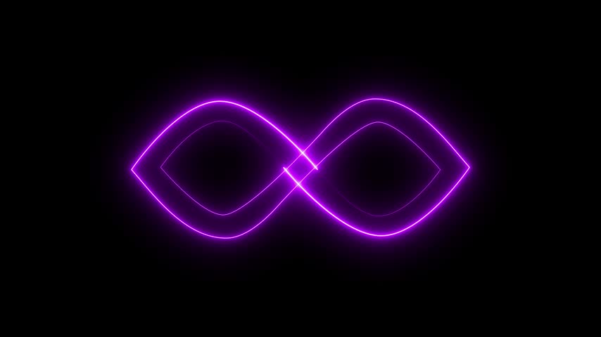 Infinity symbol appears of multiple glowing lines on black background from many lines. Lines draw moving infinity sign. neon style motion line 3d rendering