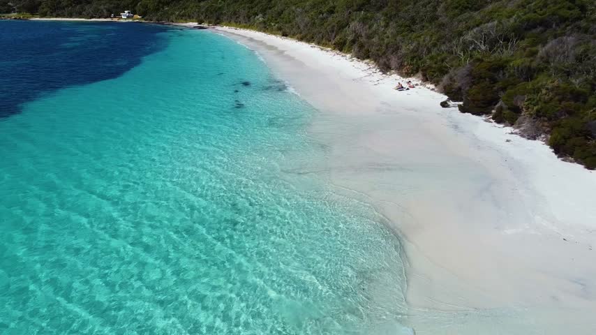 Aerial view of the turquoise waters and white sand beach at Frenchman Bay, Western Australia, Australia.