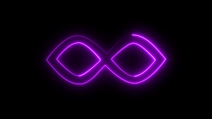 Infinity symbol appears of multiple glowing lines on black background from many lines. Lines draw moving infinity sign. neon style motion line 3d rendering