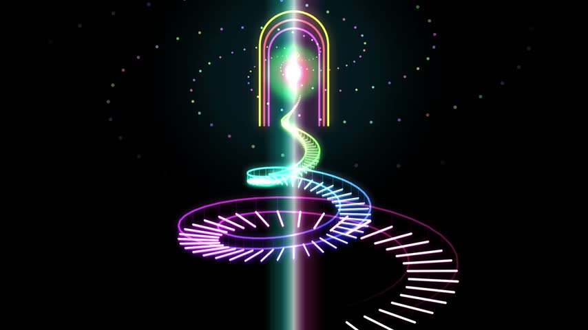 A mesmerizing neon spiral staircase ascending towards a glowing celestial light archway