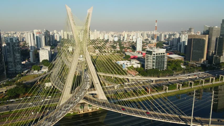 Aerial view of the iconic X-shaped cable-stayed Octavio Frias de Oliveira Bridge spanning the Pinheiros River in Sao Paulo, Sao Paulo, Brazil.