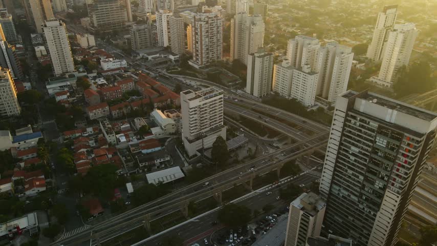 Aerial view of the urban skyline and highway infrastructure in Sao Paulo, Sao Paulo, Brazil.