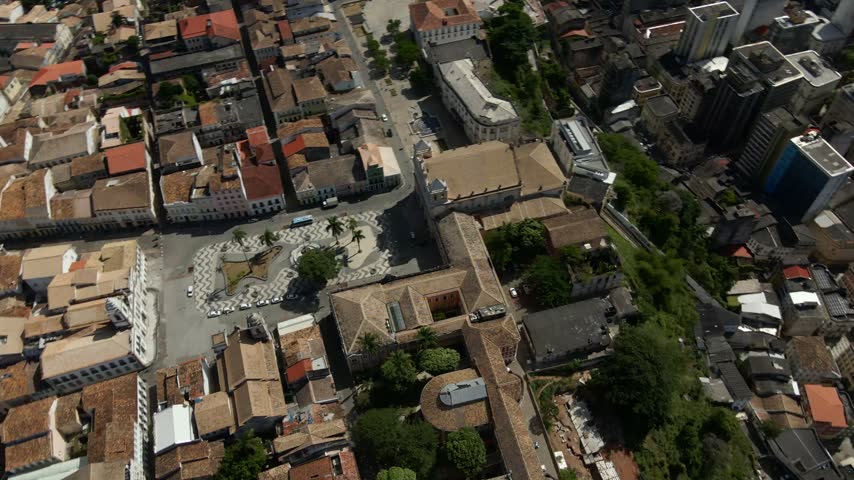 Aerial view of the historic Pelourinho district with colonial architecture and cobblestone streets in Salvador, Bahia, Brazil.