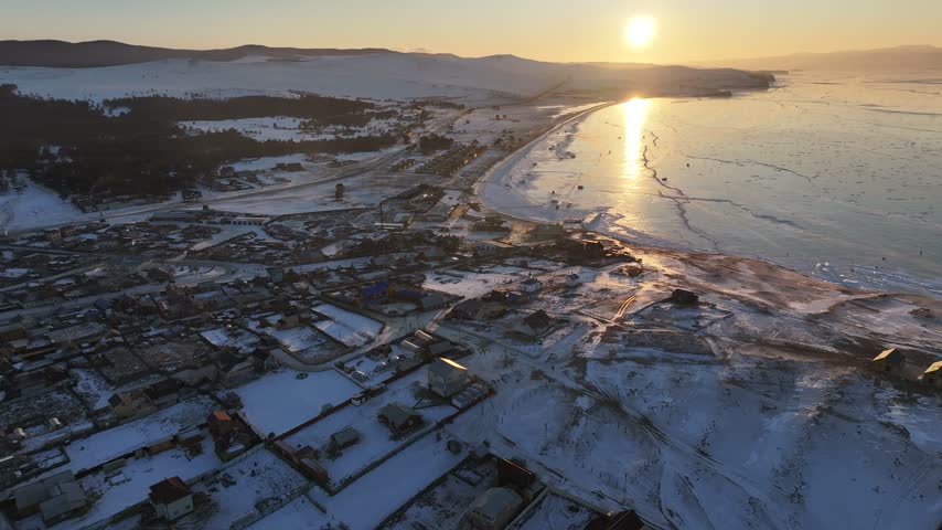 Aerial View of Sunset over Frozen Baikal near Khuzhir