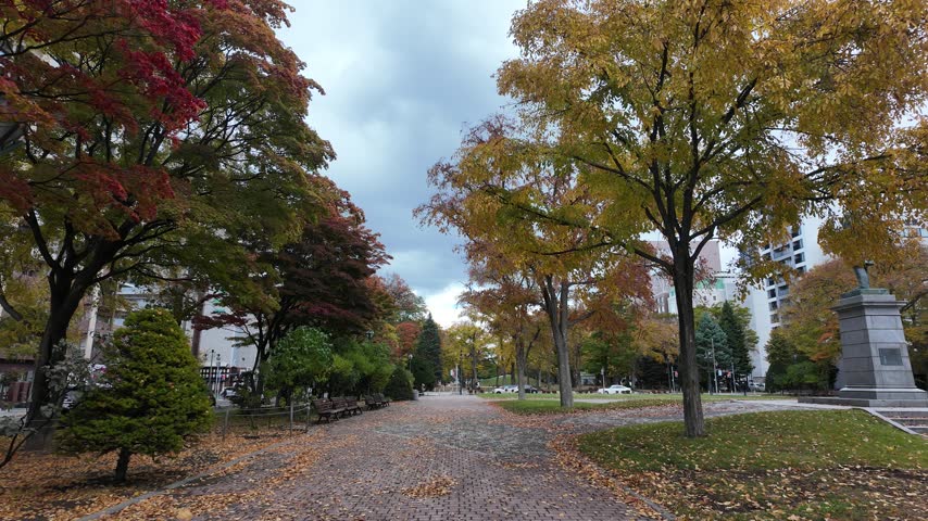 Odori Park in Sapporo with colorful autumn leaves and city buildings