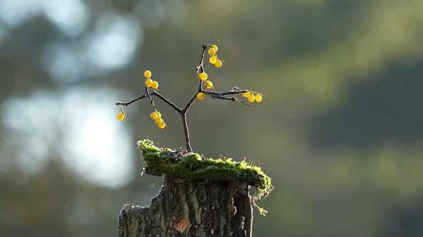A beautiful Great Tit bird perched on a mossy tree stump next to a small branch with bright yellow berries. Scenic woodland wildlife photography.