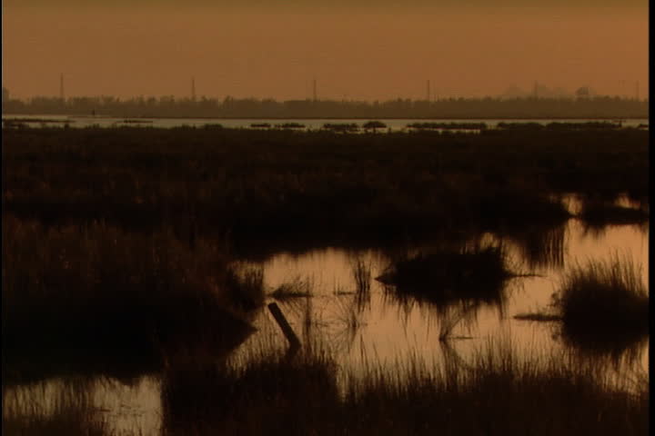 Camera pans over flooded marsh land with sun reflected in water. City skyline in orange haze in background in New Orleans after Hurricane Katrina (October 2005).