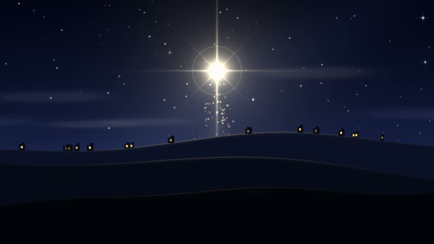 Silent night, shining star, this 4K Bright light of Bethlehem animation, rendered with 3x3 supersampling anti aliasing for razor sharp edges. A radiant gold white star with long rays shines over layered dark hills under a navy night sky. A soft beam of light falls toward a tiny hillside village with warm glowing windows, gold dust floats in the beam, clouds drift slowly, hundreds of stars twinkle, and an occasional shooting star streaks across the sky. The open sky leaves plenty of room for titles and holiday wishes, and the star can be moved to one side. Every pulse of starlight, drifting cloud, and streaking meteor repeats in a continuous unbroken cycle. Calm, reverent, and family friendly, it suits nativity scenes, church and community events, greeting cards, social media, seasonal ads, and festive video intros.