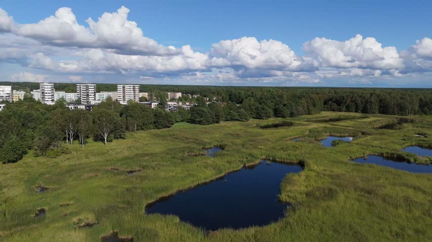 Aerial view of the lush green wetlands with small ponds and the town of Parnu in the background under a bright blue sky with clouds in Parnu, Parnu County, Estonia.