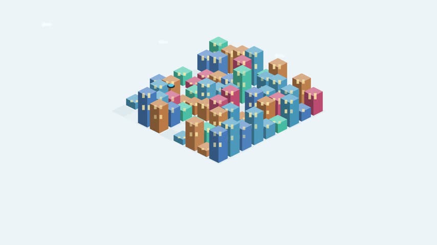 Isometric mini city model with lit building windows and a small car driving through the streets