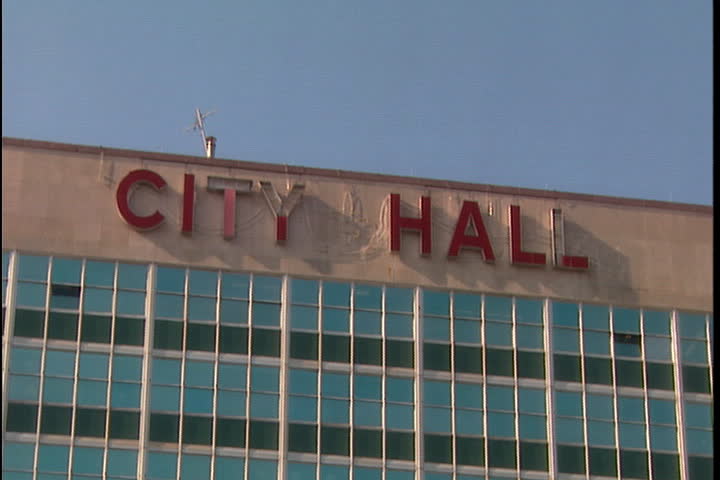 Wind damaged letters across the top of the city hall building in New Orleans after Hurricane Katrina (October 2005).